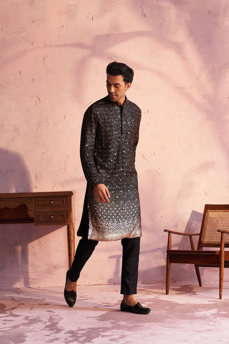 SHRESTHA By VASTRAMAY Men's Black Georgette Zari With Sequins Worked Kurta pant Set