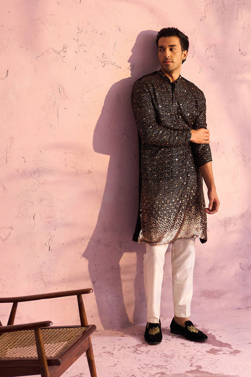 SHRESTHA By VASTRAMAY Men's Black Georgette Zari With Sequins Worked Kurta pant Set