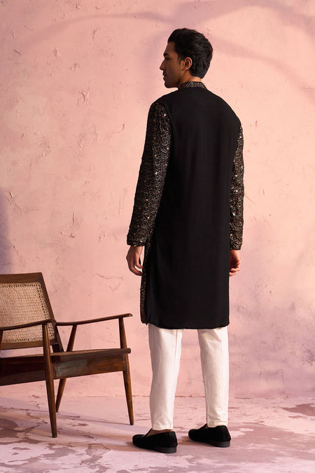 SHRESTHA By VASTRAMAY Men's Black Georgette Zari With Sequins Worked Kurta pant Set