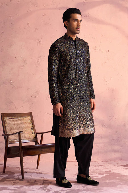 SHRESTHA By VASTRAMAY Men's Black Georgette Zari With Sequins Worked Kurta Patiala Set