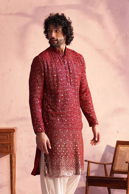 SHRESTHA By VASTRAMAY Men's Maroon Georgette Zari With Sequins Worked Kurta