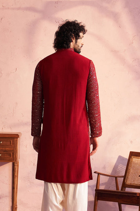 SHRESTHA By VASTRAMAY Men's Maroon Georgette Zari With Sequins Worked Kurta