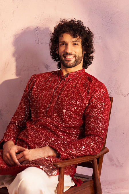SHRESTHA By VASTRAMAY Men's Maroon Georgette Zari With Sequins Worked Kurta
