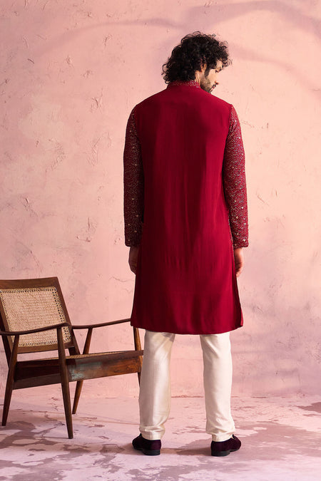 SHRESTHA By VASTRAMAY Men's Maroon Georgette Zari With Sequins Worked Kurta pant Set