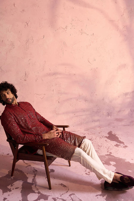 SHRESTHA By VASTRAMAY Men's Maroon Georgette Zari With Sequins Worked Kurta pant Set