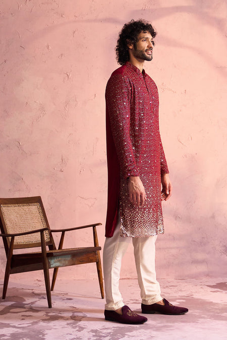 SHRESTHA By VASTRAMAY Men's Maroon Georgette Zari With Sequins Worked Kurta pant Set