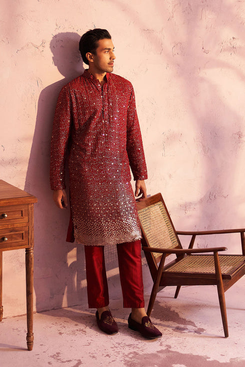 SHRESTHA By VASTRAMAY Men's Maroon Georgette Zari With Sequins Worked Kurta Pant Set