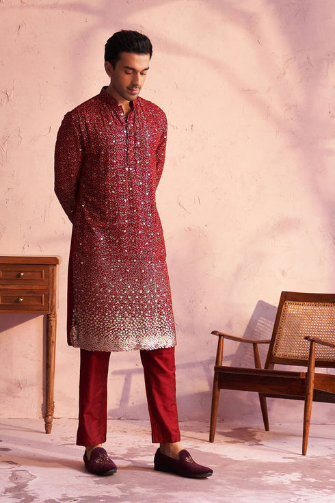 SHRESTHA By VASTRAMAY Men's Maroon Georgette Zari With Sequins Worked Kurta Pant Set