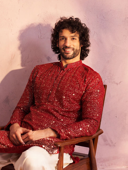 Vastramay Men's Maroon Georgette Zari With Sequins Worked Kurta Patiala Set