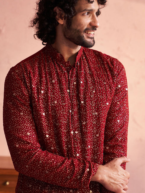 Vastramay Men's Maroon Georgette Zari With Sequins Worked Kurta Patiala Set
