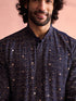 Vastramay Men's Navy Blue Georgette Zari With Sequins Worked Kurta