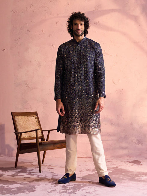 Vastramay Men's Navy Blue Georgette Zari With Sequins Worked Kurta