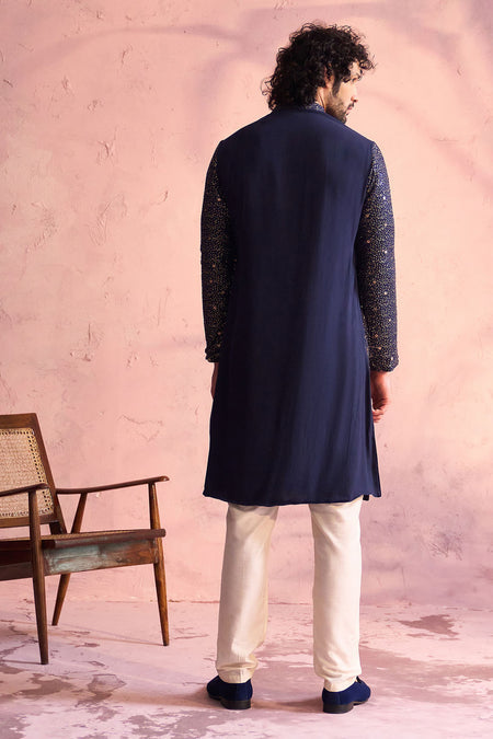 SHRESTHA By VASTRAMAY Men's Navy Blue Georgette Zari With Sequins Worked Kurta pant Set