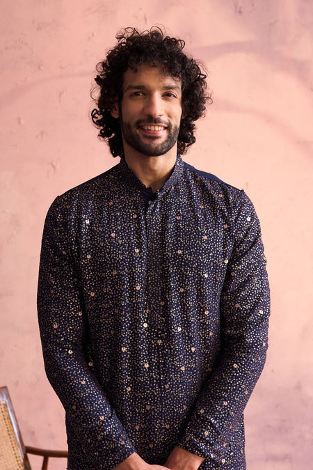 SHRESTHA By VASTRAMAY Men's Navy Blue Georgette Zari With Sequins Worked Kurta pant Set
