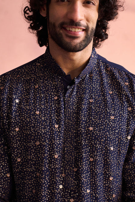 SHRESTHA By VASTRAMAY Men's Navy Blue Georgette Zari With Sequins Worked Kurta pant Set