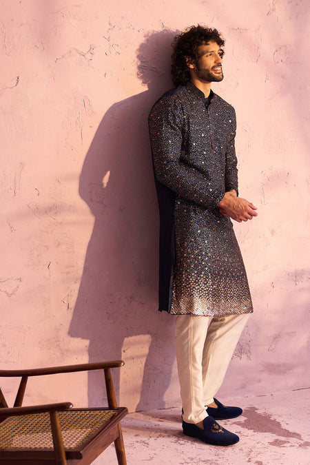 SHRESTHA By VASTRAMAY Men's Navy Blue Georgette Zari With Sequins Worked Kurta pant Set
