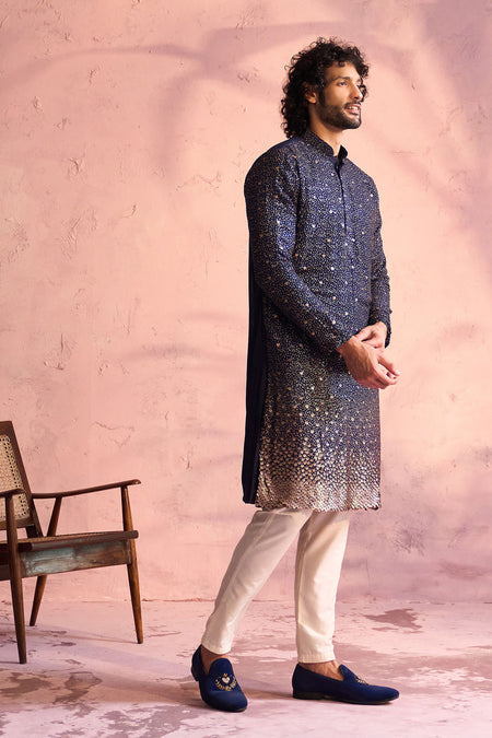 SHRESTHA By VASTRAMAY Men's Navy Blue Georgette Zari With Sequins Worked Kurta pant Set