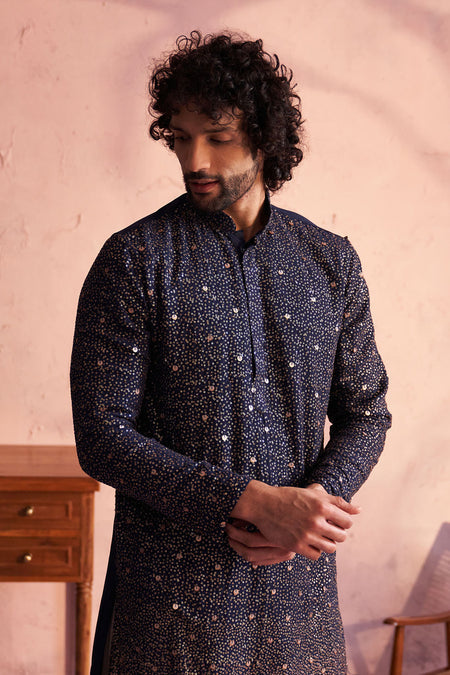 SHRESTHA By VASTRAMAY Men's Navy Blue Georgette Zari With Sequins Worked Kurta Patiala Set