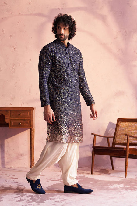 SHRESTHA By VASTRAMAY Men's Navy Blue Georgette Zari With Sequins Worked Kurta Patiala Set