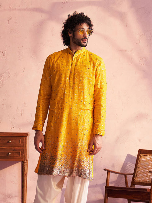 Vastramay Men's Yellow Georgette Zari With Sequins Worked Kurta