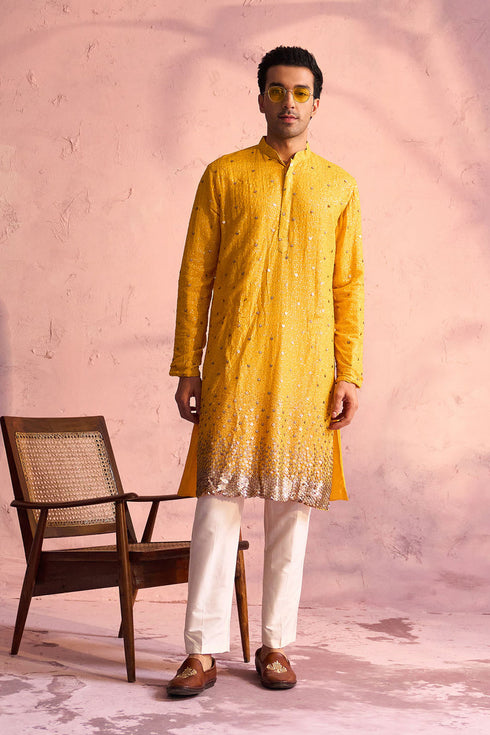 SHRESTHA By VASTRAMAY Men's Yellow Georgette Zari With Sequins Worked Kurta pant Set