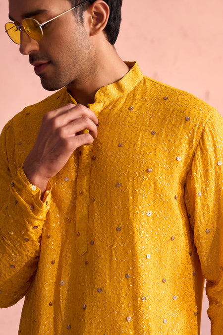 SHRESTHA By VASTRAMAY Men's Yellow Georgette Zari With Sequins Worked Kurta pant Set