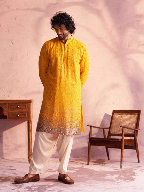 SHRESTHA By VASTRAMAY Men's Yellow Georgette Zari With Sequins Worked Kurta Patiala Set
