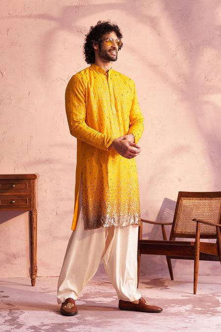 SHRESTHA By VASTRAMAY Men's Yellow Georgette Zari With Sequins Worked Kurta Patiala Set