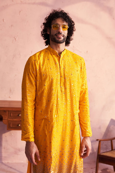 SHRESTHA By VASTRAMAY Men's Yellow Georgette Zari With Sequins Worked Kurta Patiala Set