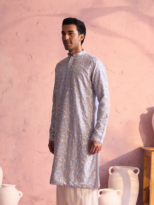 Vastramay Men's Sky Blue Georgette Floral Motif Embroidered Kurta