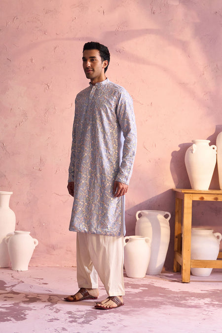 SHRESTHA By VASTRAMAY Men's Sky Blue Georgette Floral Motif Embroidered Kurta Patiala Set