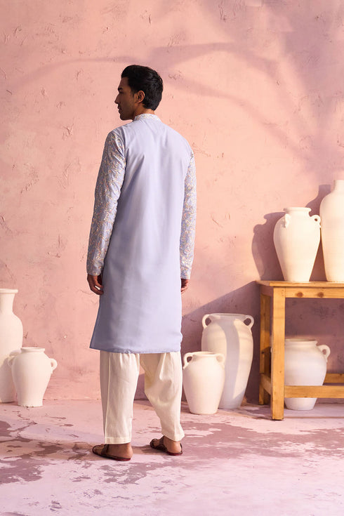 SHRESTHA By VASTRAMAY Men's Sky Blue Georgette Floral Motif Embroidered Kurta Patiala Set