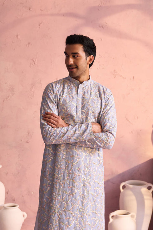 SHRESTHA By VASTRAMAY Men's Sky Blue Georgette Floral Motif Embroidered Kurta Patiala Set