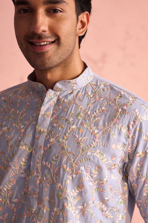 SHRESTHA By VASTRAMAY Men's Sky Blue Georgette Floral Motif Embroidered Kurta Patiala Set