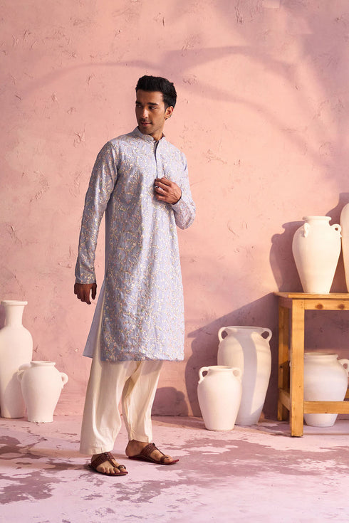 SHRESTHA By VASTRAMAY Men's Sky Blue Georgette Floral Motif Embroidered Kurta Patiala Set