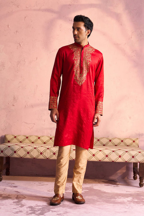 SHRESTHA By VASTRAMAY Men's Red Silk Embroidered Ethnic Kurta With Pant Set