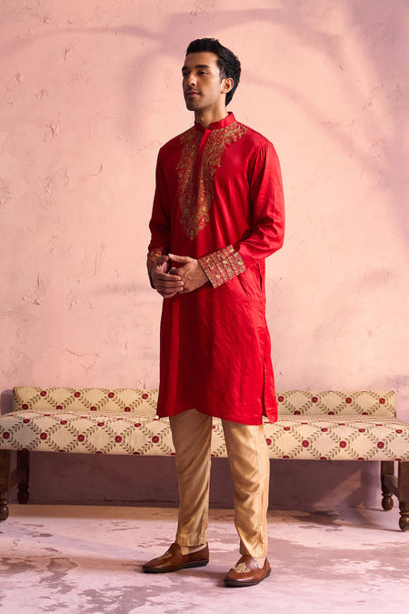 SHRESTHA By VASTRAMAY Men's Red Silk Embroidered Ethnic Kurta With Pant Set