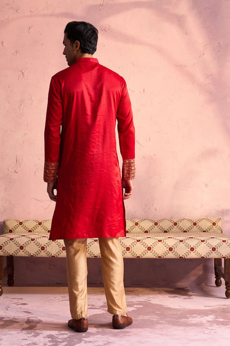 SHRESTHA By VASTRAMAY Men's Red Silk Embroidered Ethnic Kurta With Pant Set
