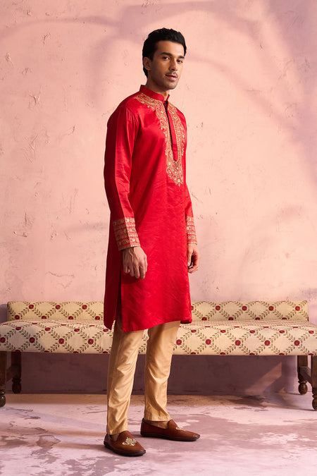 SHRESTHA By VASTRAMAY Men's Red Silk Embroidered Ethnic Kurta With Pant Set