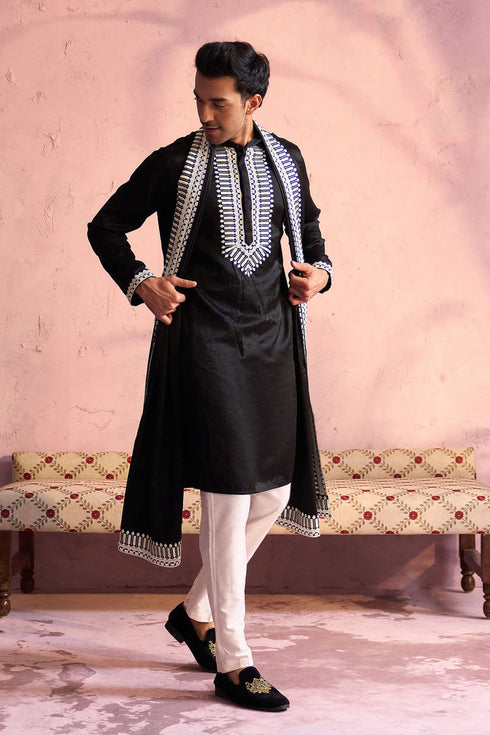 SHRESTHA BY VASTRAMAY Men's Black Silk Machine Embroidered Kurta Pyjama With Silk Dupatta Set