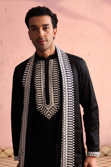SHRESTHA BY VASTRAMAY Men's Black Silk Machine Embroidered Kurta Pyjama With Silk Dupatta Set