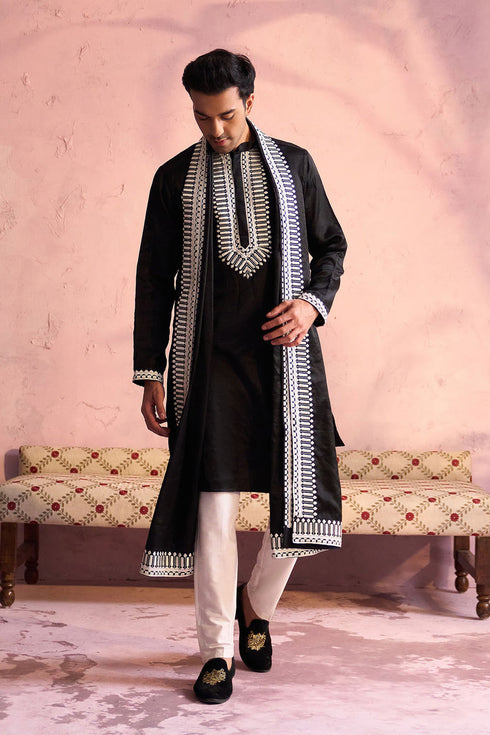 SHRESTHA BY VASTRAMAY Men's Black Silk Machine Embroidered Kurta Pyjama With Silk Dupatta Set