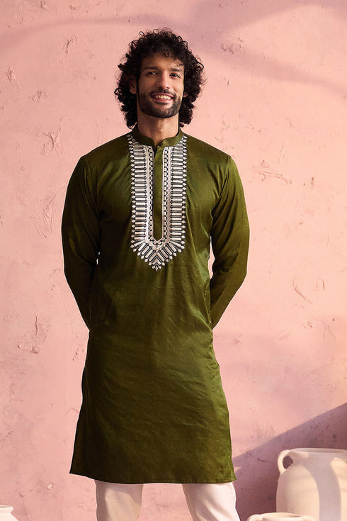 SHRESTHA BY VASTRAMAY Men's Mint Green Silk Machine Embroidered Kurta