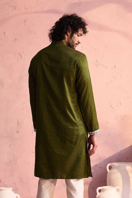 SHRESTHA BY VASTRAMAY Men's Mint Green Silk Machine Embroidered Kurta