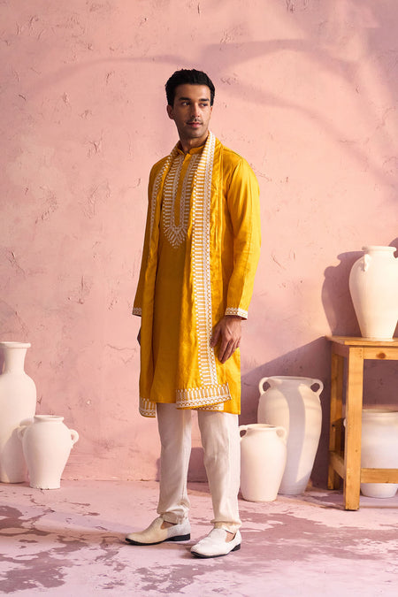 SHRESTHA BY VASTRAMAY Men's Yellow Silk Machine Embroidered Kurta Pyjama With Silk Dupatta Set