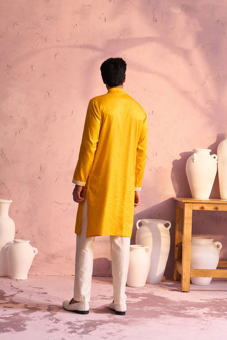 SHRESTHA BY VASTRAMAY Men's Yellow Silk Machine Embroidered Kurta Pyjama With Silk Dupatta Set