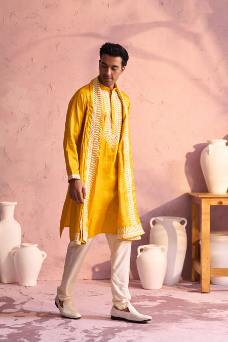 SHRESTHA BY VASTRAMAY Men's Yellow Silk Machine Embroidered Kurta Pyjama With Silk Dupatta Set