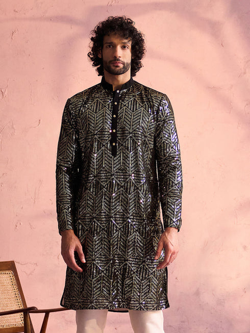 Vastramay Men's Black Georgette Embellished Kurta