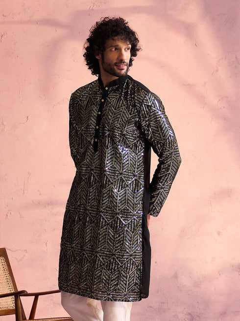Vastramay Men's Black Georgette Embellished Kurta