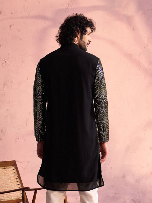 Vastramay Men's Black Georgette Embellished Kurta